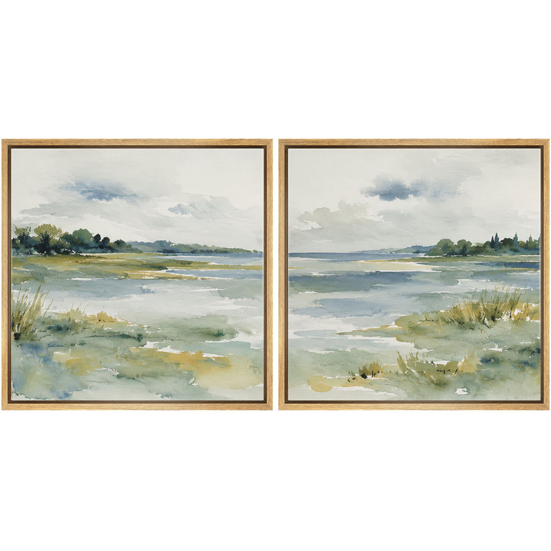 «Soft Coastal Landscape With Calm Water Marsh Grass And Airy Sky», ensemble de 2 reproductions d'art sur toile encadrées