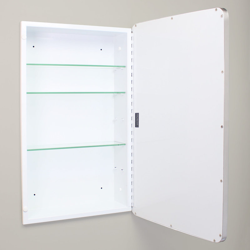 Austin Farmhouse Metal Framed Rounded Rectangle Recessed Bathroom Medicine Cabinet, Beveled Mirror, in-Wall Opening, Powder-coated Steel, Adjustable Glass Shelves, Magnet Close
