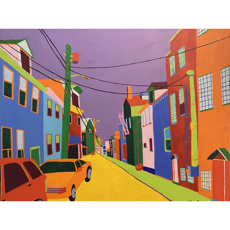 Backstreet par Sue Graef - Peinture, Papier avec cadre noir, H 17,25 po x l 21,25 po