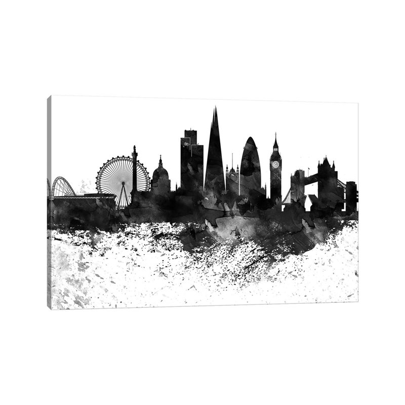 London Black & White Drops Skyline by Wall Decor Addict - Wrapped Canvas Painting, 101.6 cm H x 66.04 cm W x 1.91 cm D