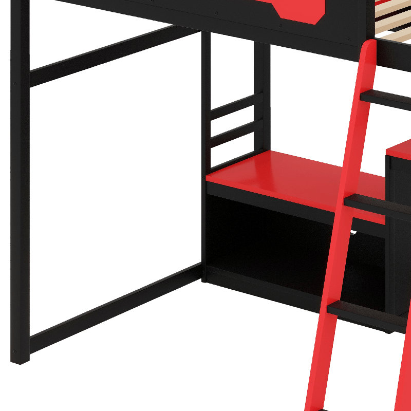 Lit mezzanine en bois avec bureau, Noir / Rouge