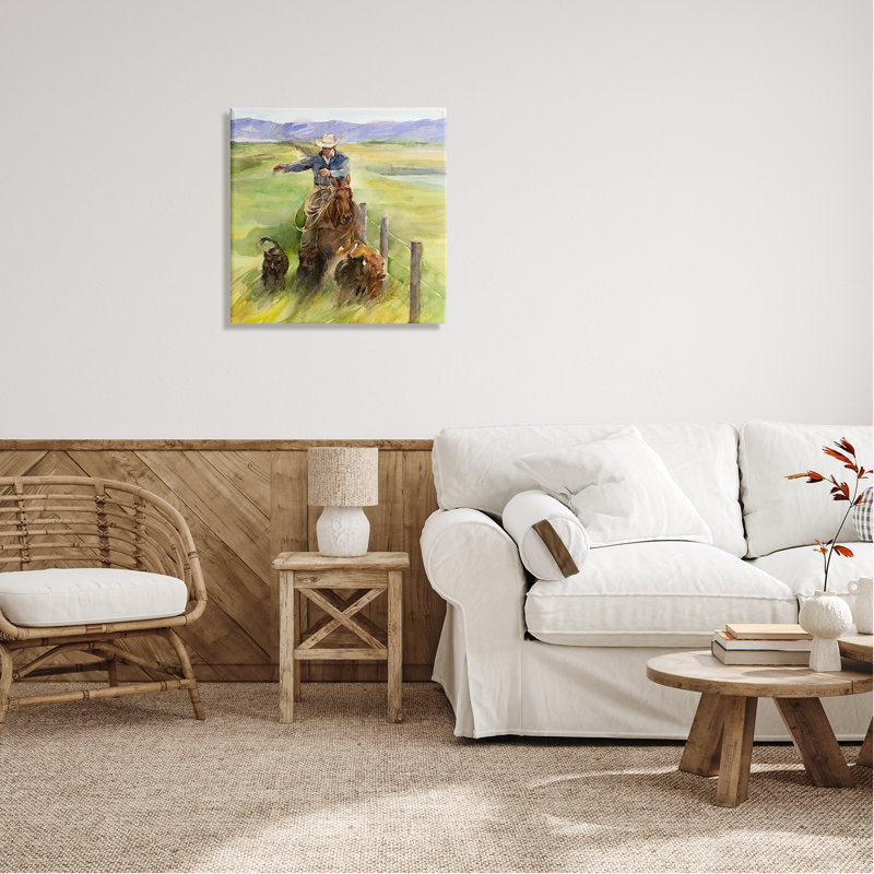 Cowboy avec bovins aquarelle par John Keeling, H 24 po x l 24 po x P 1,5 po