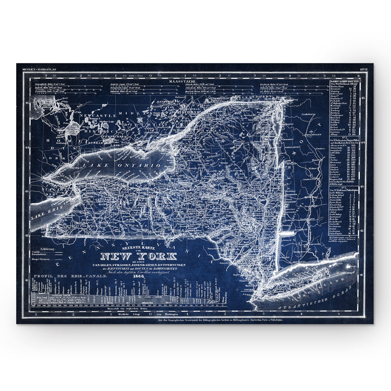 « rétro new york map », reproduction d’impression sur toile tendue en bleu, H 36 po x l 48 po x P 1,5 po