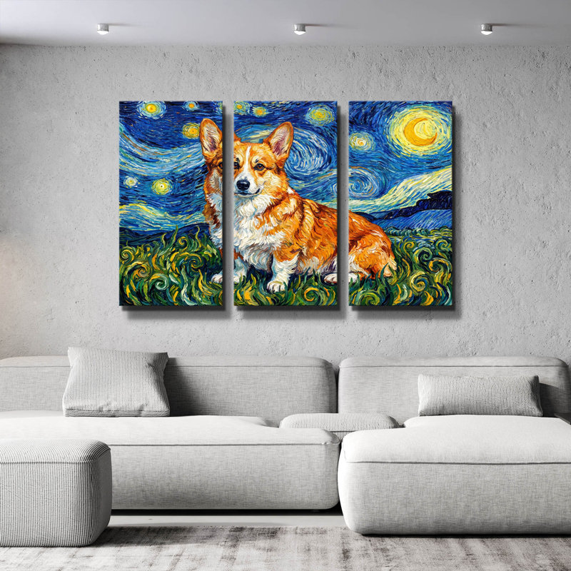 « La Nuit étoilée » de Rich Monet, triptyque mural représentant un Welsh Corgi Pembroke, 152 x 102 cm, 60 po x 40 po