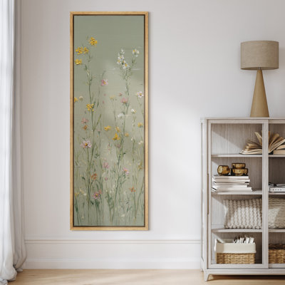 Soft Pastel Meadow Wildflowers in Light Green Background - Large Framed Canvas Master Bedroom Wall Art Print