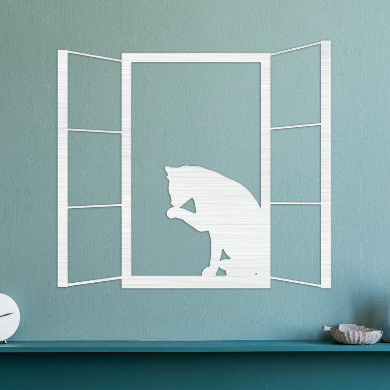 Chat qui lèche les pattes sur le rebord de la fenêtre, art mural, H 28 po x l 32 po x P 0,25 po, Blanc