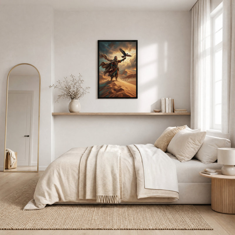 «Man in robes tenant un faucon sur une dune de sable», art mural, H 36 po x l 24 po