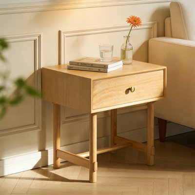Modern Minimalist Solid Wood Nightstand with Single Drawer and Brass Knob