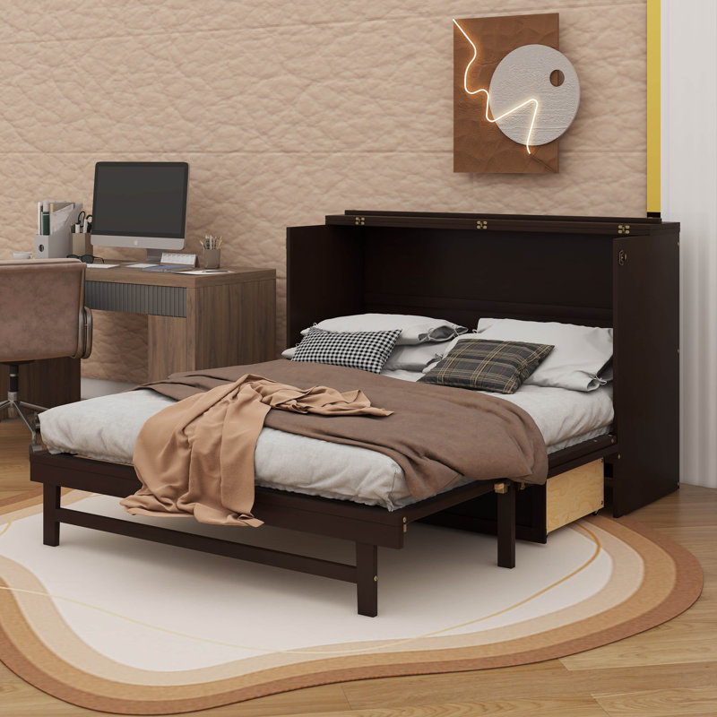 Armoire lit escamotable sophistiquée pour grand lit avec station de charge et grand tiroir de rangement, Espresso
