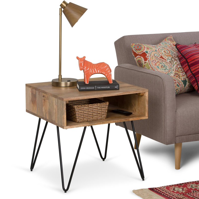 Table de bout carrée en bois de manguier massif et métal 22 po Hunter avec rangement ouvert et pieds en épingle à cheveux