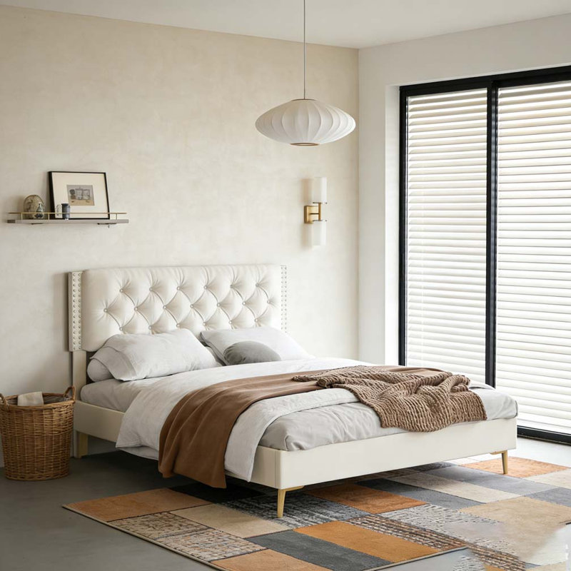 Structure de lit en velours, Beige, Lit double
