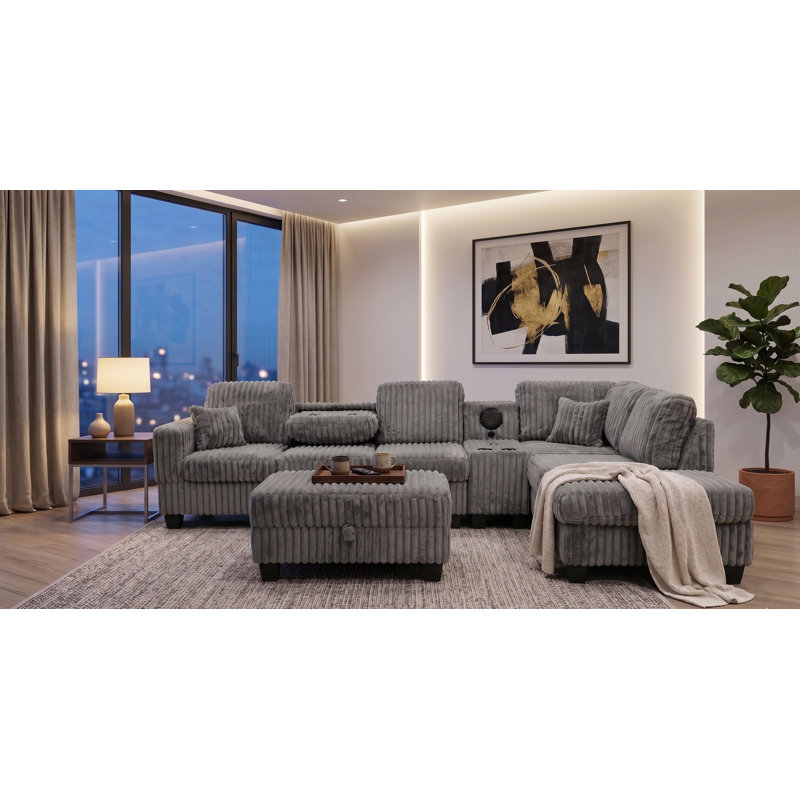 Vega Reversible Faux Fur Sectional with Media Console And Storage Ottoman, Gray Carduroy