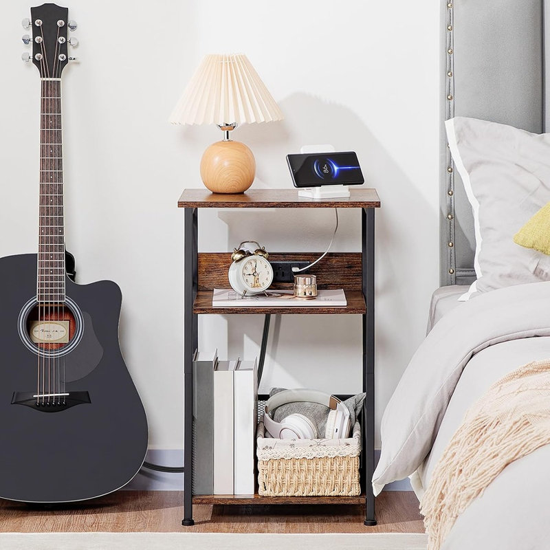 Support pour platine vinyle avec station de charge, meuble de rangement à 3 niveaux pour disques vinyles, table en platine avec prises USB-C et secteur, brun rustique