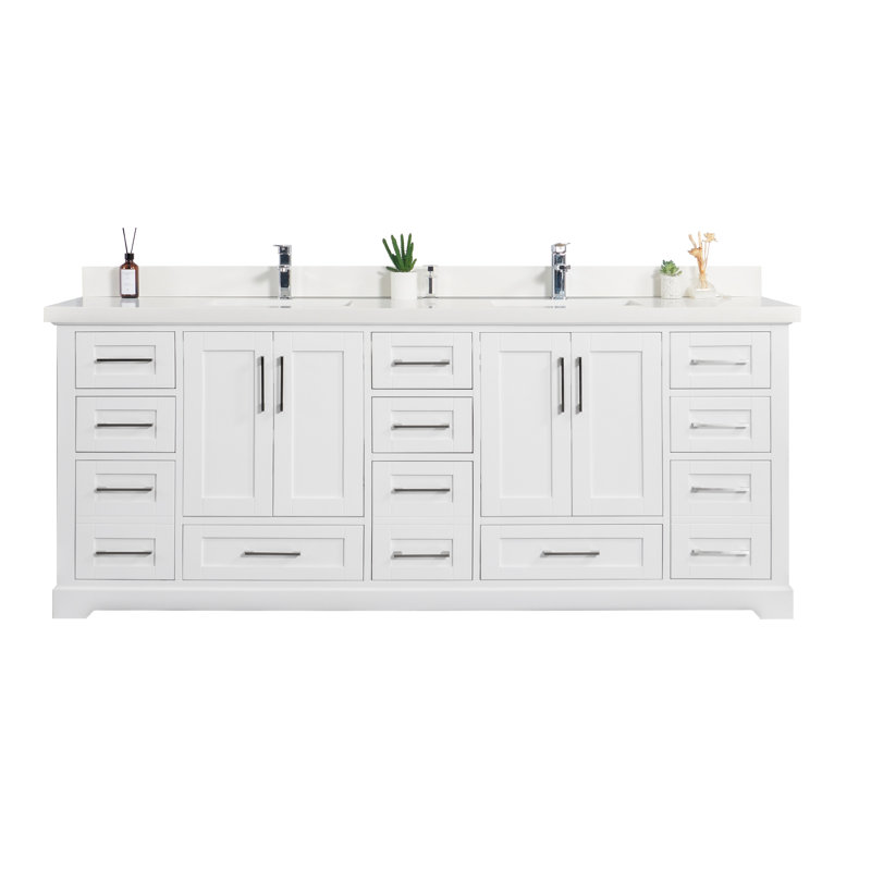 Ensemble de meuble-lavabo double 84 po Eser, Blanc, Quartz blanc droit