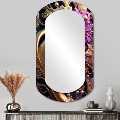 Fleurs abstraites ornées en mauve et or II - miroir mural asymétrique floral, miroir décoratif cylindrique doré, impression d'art en métal