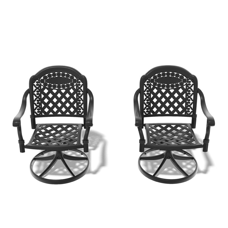 2 pièces de chaises de patio en aluminium coulé avec cadres noirs et coussins d'usure dans des couleurs aléatoires pivotant extérieur confortable