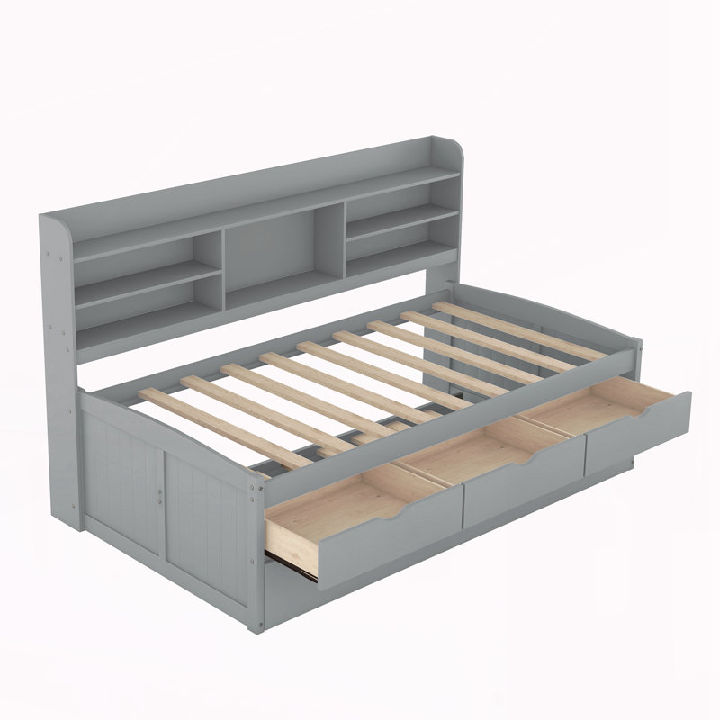 Lit capitaine simple en bois avec étagères intégrées, Gris, Lit simple