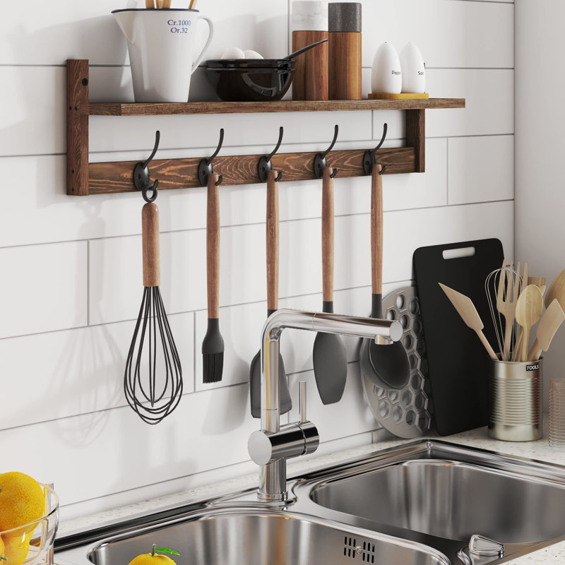 Wall-Mounted Shelf with Hooks, Brown