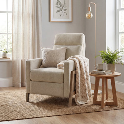 Tacara Beige Ergonomic 3-Position Manual Recliner with Solid Wood Frame and Natural Oak Legs