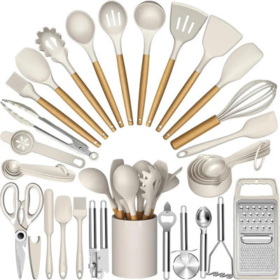 Ensemble d'ustensiles de cuisine de qualité supérieure 34 pièces avec râpe, pinces, cuillère, spatule et tourne-disque - Résistant à la chaleur, silicone de qualité alimentaire et poignées en bois