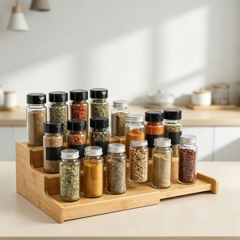 Organisateur réglable d'épices pour armoire et comptoir, organisateur d'assaisonnement en bambou à 3 niveaux pour bocaux et bouteilles, solution de rangement de cuisine peu encombrante