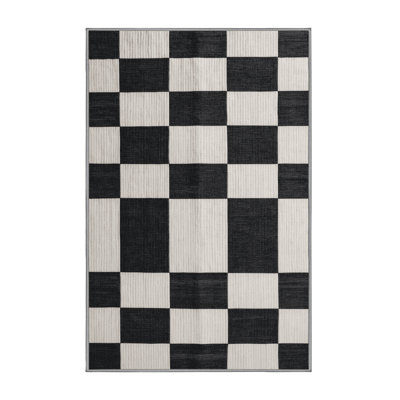 Machine Washable Checkered Gray Area Rug