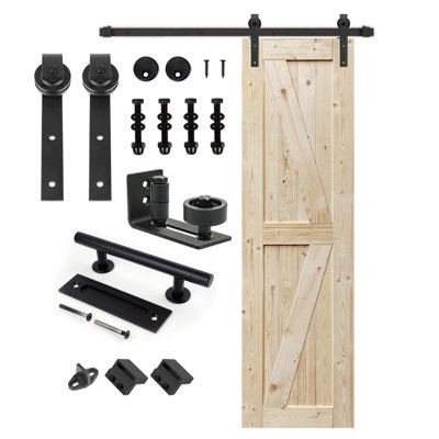 S&Z TOPHAND Unfinished British Brace Knotty Barn Door with Sliding Door Hardware Kit/Solid Wood/Sliding Door/Double Surfaces/A Simple Assembly is Requ -  24+2007 5FT