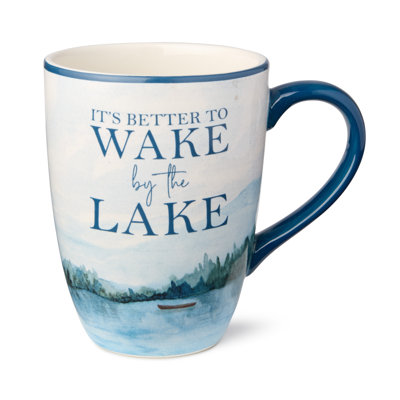 Wake at the Lake 14-Ounce Mugs, Set of 4, Lakeside-Inspired Designs with Oars & Water Scenes, Durable Stoneware, Dishwasher & Microwave Safe, Cozy Coffee & Tea Cups for Everyday Use