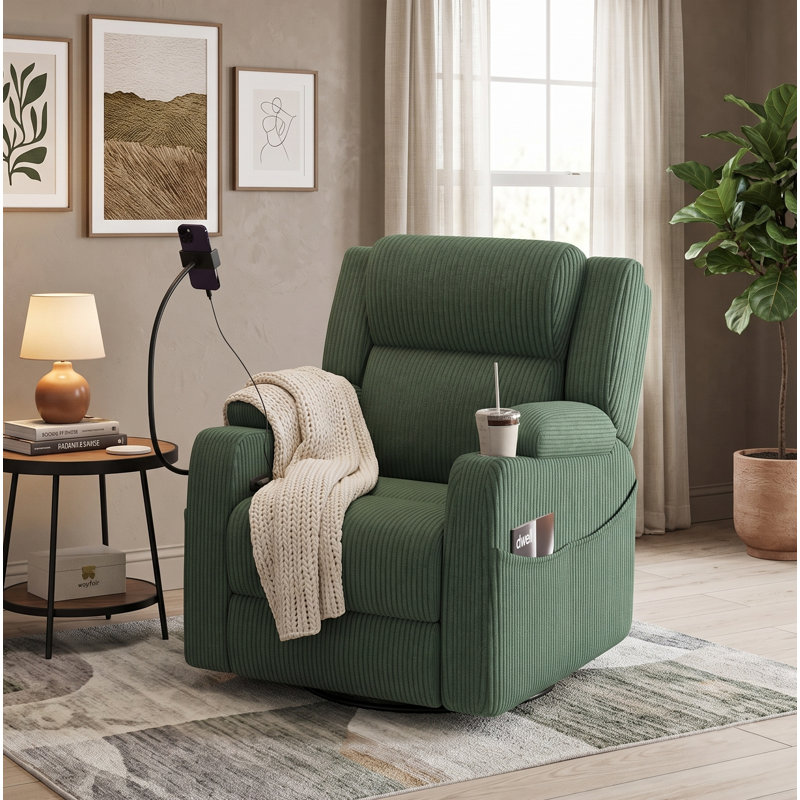 Fauteuil oscillant inclinable électrique en velours côtelé avec chaleur et massage, fauteuil de chambre de bébé électrique avec rangement caché