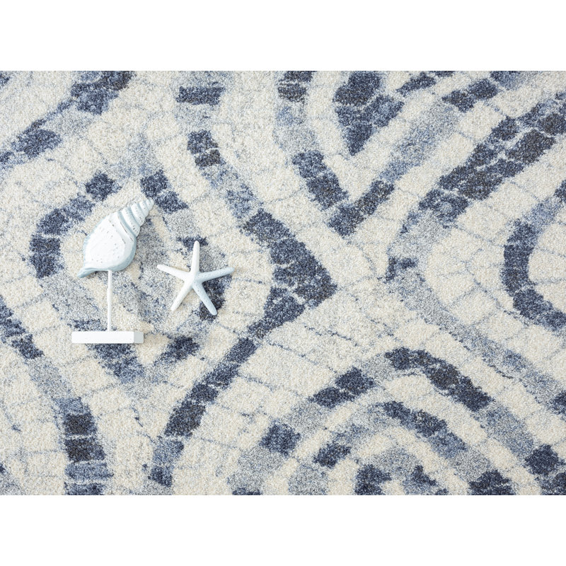 Rectangular Blue and Ivory Geometric Synthetic Area Rug