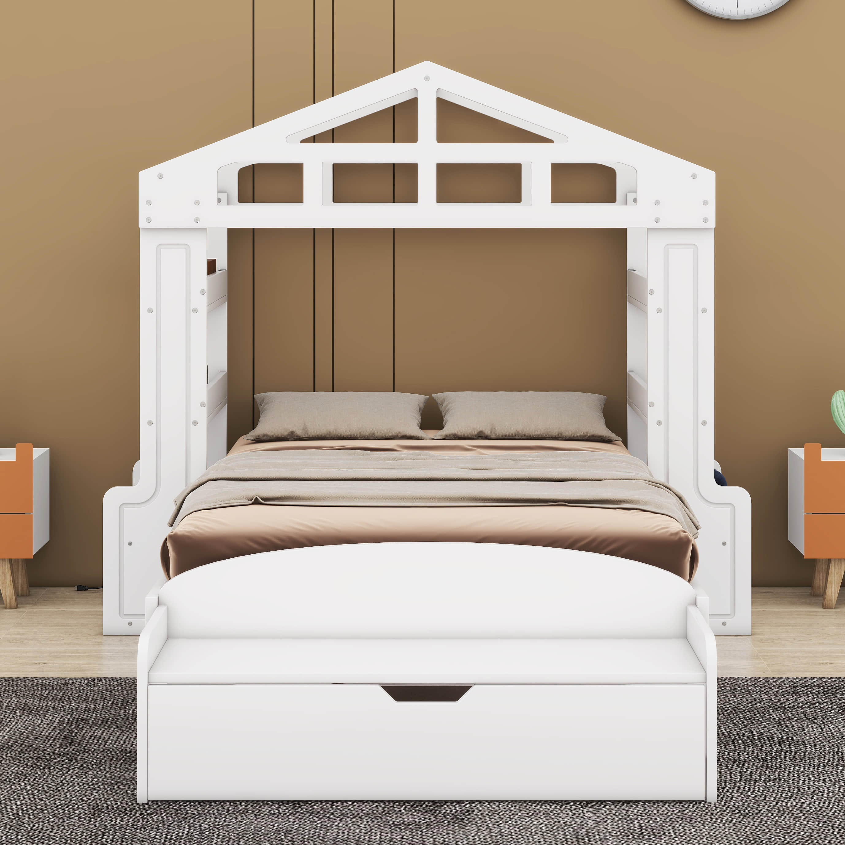 Latitude Run® Vulo Twin Size House Bed with Bench, Socket and Shelves ...