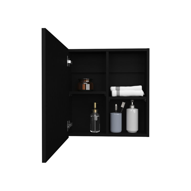 21.1" H X 19.7" W Mirror Cabinet For Bath And Kitchen, Black, 4 Shelves & Towel Rack Bracket Medicine, Black