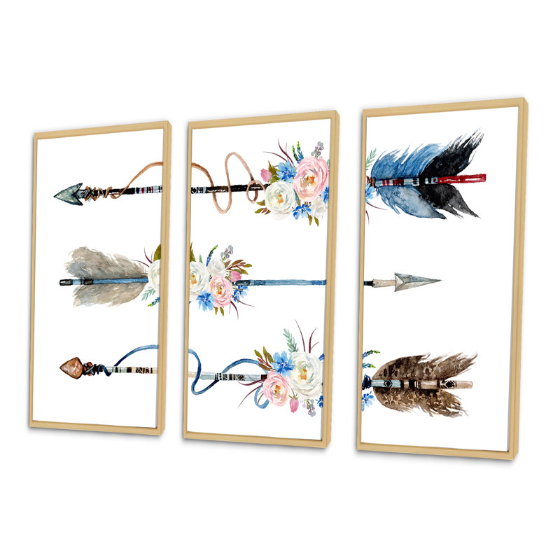 Plumes et fleurs sur des flèches natives - Peinture sur toile flottante 3 pièces, L 36 po x H 20 po, Cadre doré
