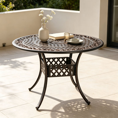 Table de salle à manger d'extérieur en fonte d'aluminium, table de patio avec trou pour parasol, table de couverture ronde pour cour, jardin, terrasse et porche