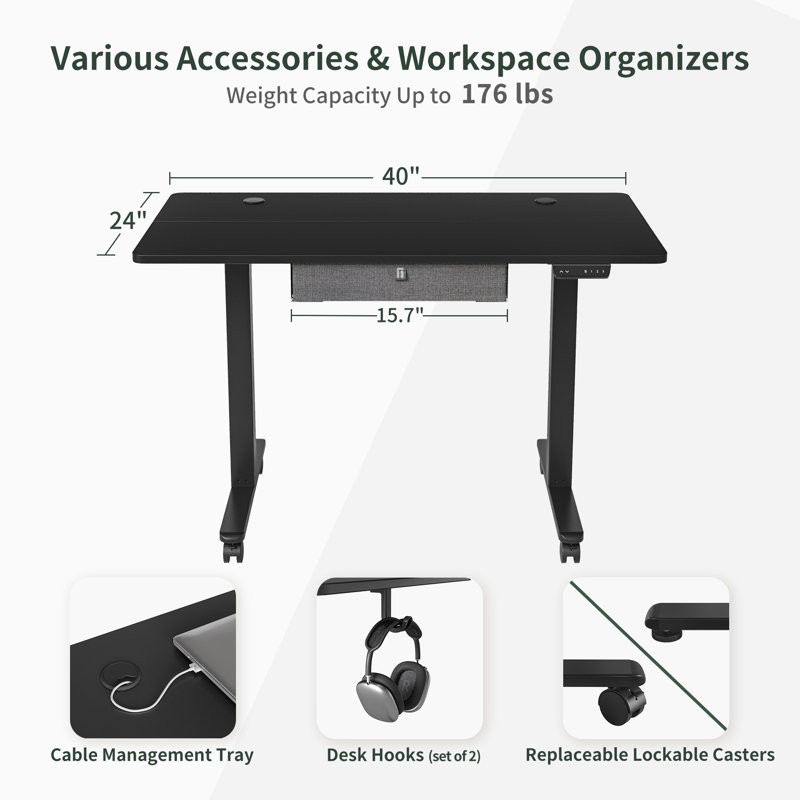 Bureau debout à hauteur ajustable, H 46 po x l 40 po x P 24 po, Noir