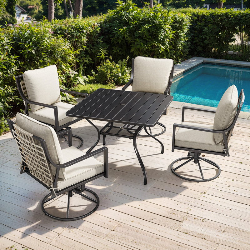 5-Piece Outdoor Patio Dining Set With 4 Swivel Chairs & 1 Square Table – Bistro Set For Garden, Deck, Backyard, Porch