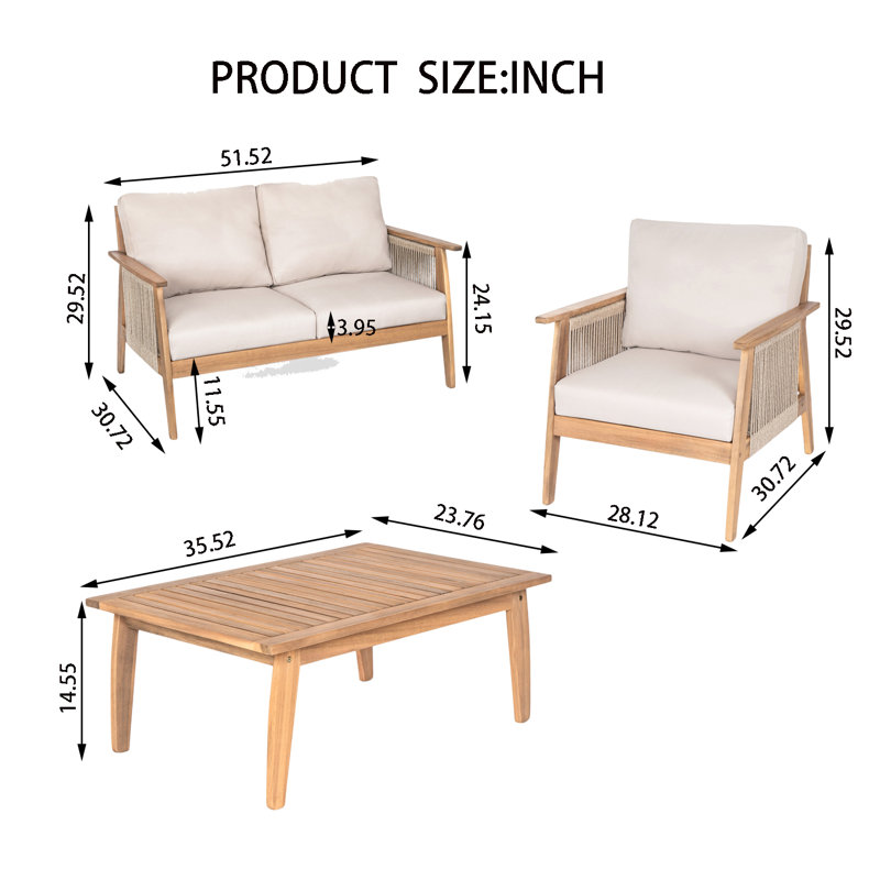 Ensemble de conversation d'extérieur en bois d'acacia et corde avec coussins 4 pièces