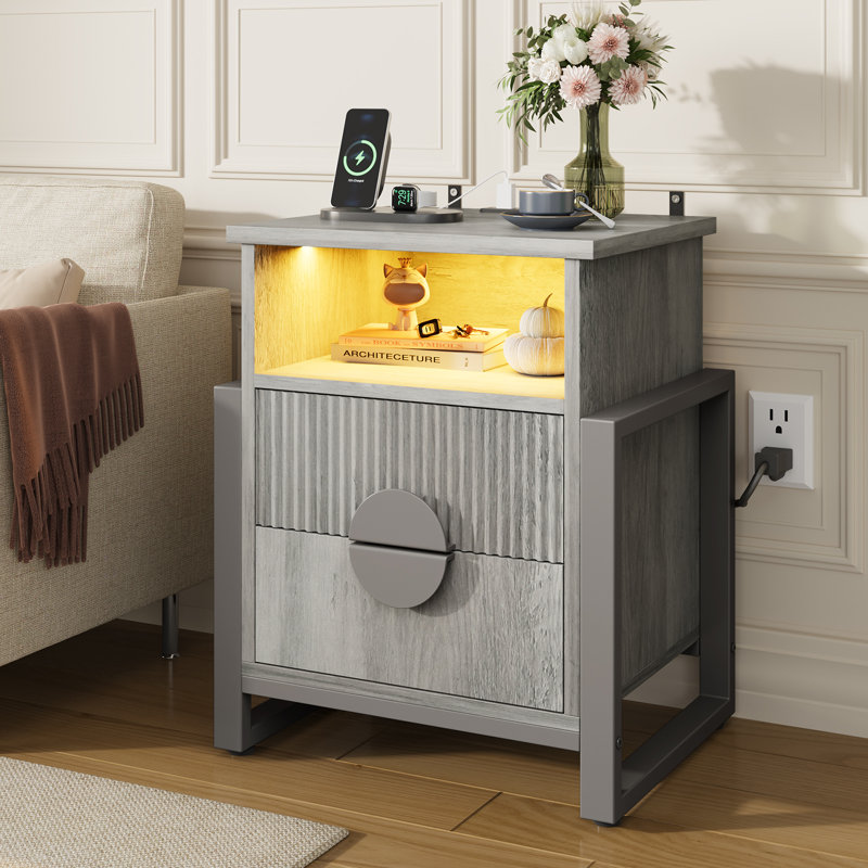 Wrought Studio™ 23.4'' Tall 2 -drawer Nightstand With Charging Station And Led Lights, Accent Bed Side Table And End Table With Open Storage