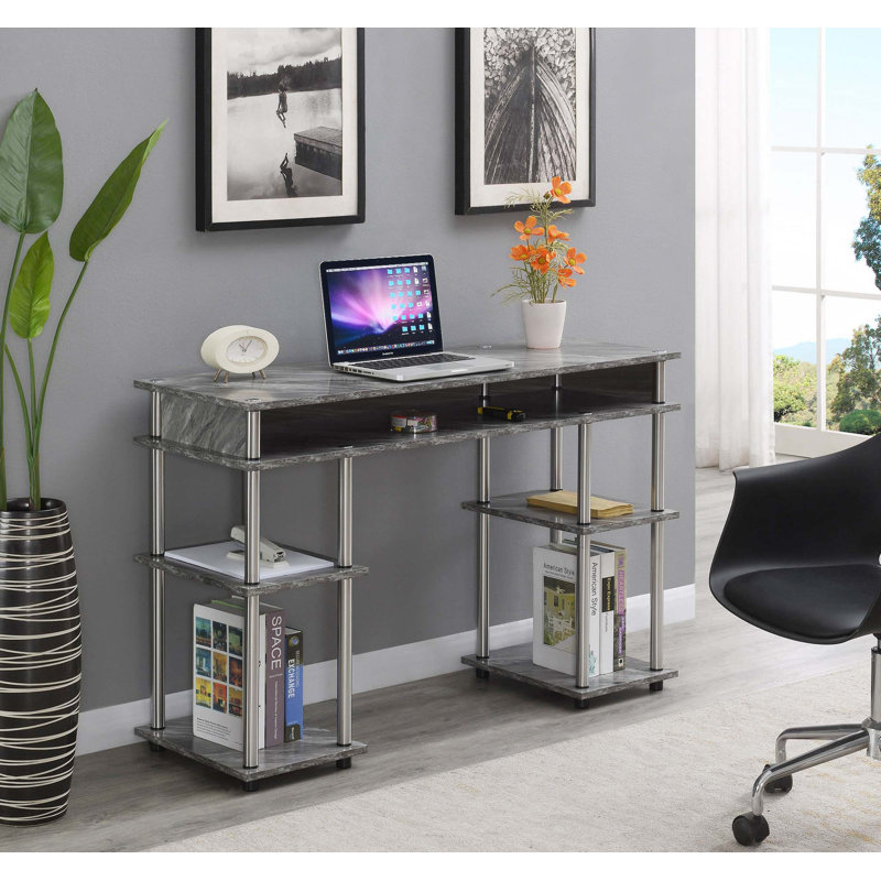 Edwin No Tools Writing Desk with Shelves, Gray Faux Marble/Silver Poles