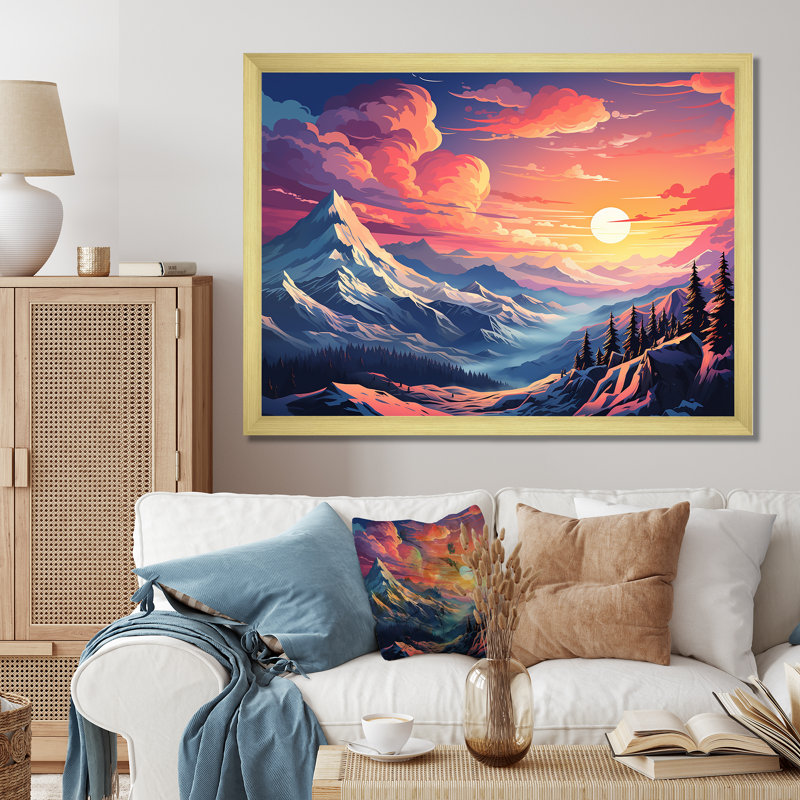 «Space Landscape Mountain Sunset», art mural, H 34 po x l 44 po x P 1,5 po, Cadre doré à coins fermés