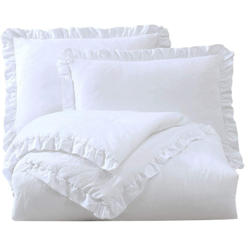 Nora Washed Microfiber Ruffled Comforter Set, White, Full Comforter + 2 Standard Shams