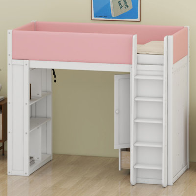 Lit mezzanine avec armoire intégrée, tiroirs, étagères et éclairage d'ambiance pour des espaces organisés