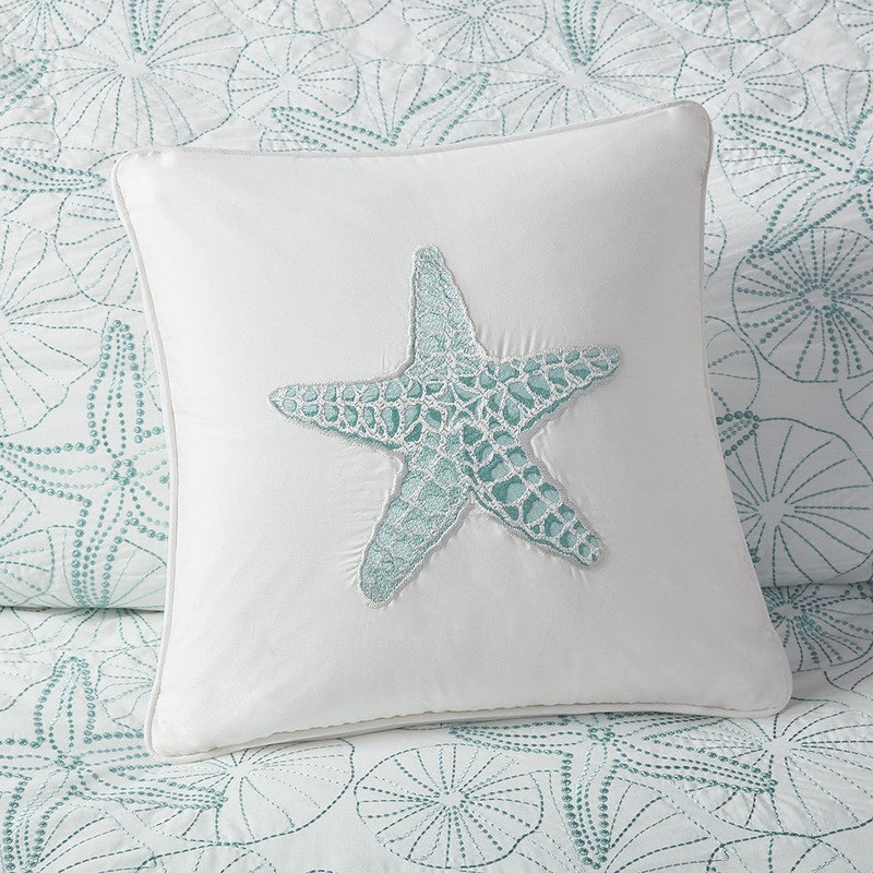 16×16" White Coastal Starfish Embroidered Square Throw Pillow, Hypoallergenic Decor Cushion