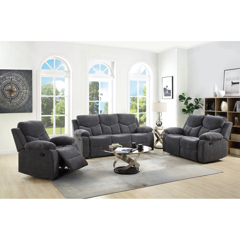 Lit confortable en chenille grise inclinable avec table rabattable et 3 fauteuils inclinables