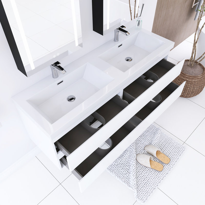 Meuble-lavabo mural double 59 po avec plateau en résine Macmaster, Blanc