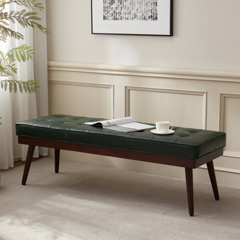 Mid - Century Modern Tufted Genuine Leather Bench with Solid Wood Legs, Green