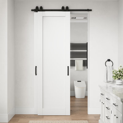 56“ x 96” Interior 1 Panel Solid Core Primed Prefinished Standard Slab Door With Bypass Barn Door Hardware Kit