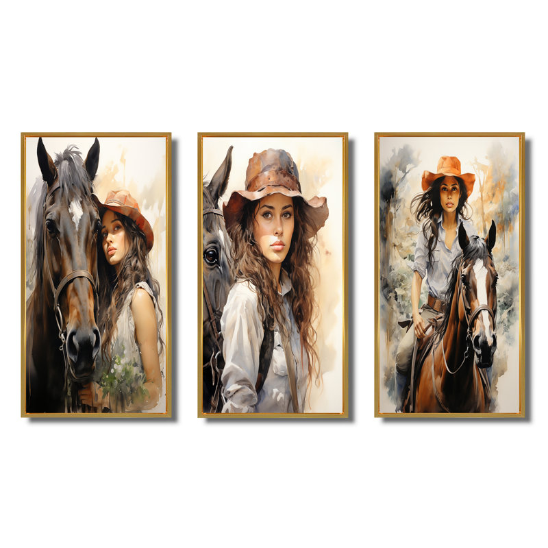 «Cowgirl And Horse Bond», 3 pièces, Encadrement doré, H 20 po x l 36 po