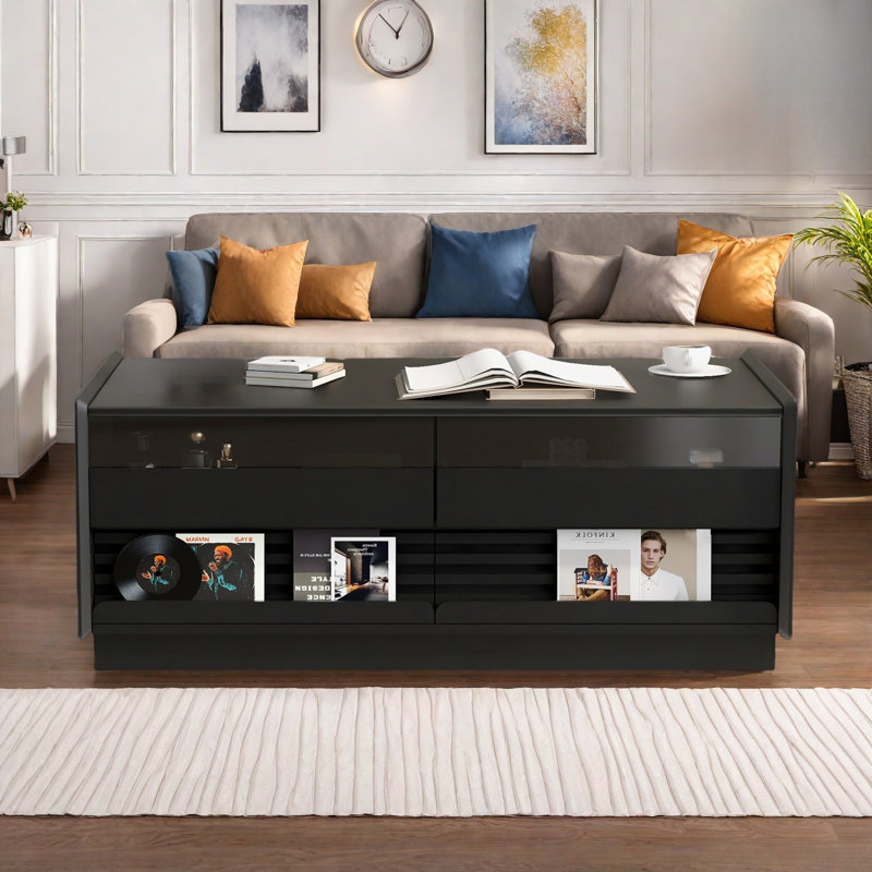Table basse moderne moderne avec 4 tiroirs et 2 tablettes, Noir