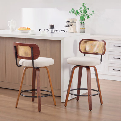 Ensemble de 2 tabourets de bar à hauteur de comptoir de 26 pouces - noir noyer, dossier en rotin de canne, siège rembourré en lin, conception pivotante pour îlot de cuisine / bar / comptoir